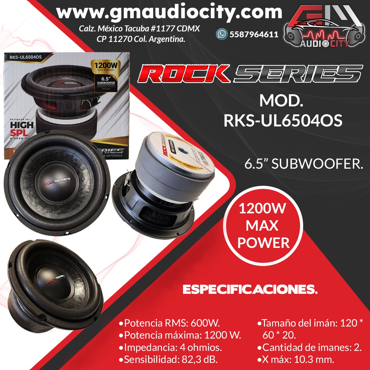 RKS-UL6504OS - ROCK SERIES SUBWOOFER 6.5" 1200W MAX 600W RMS 4 OHMS